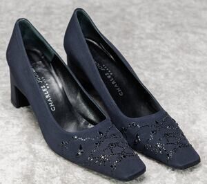 Charles Jourdan Vintage Navy Beaded Embellished Square Toe Pumps Womens Size 8